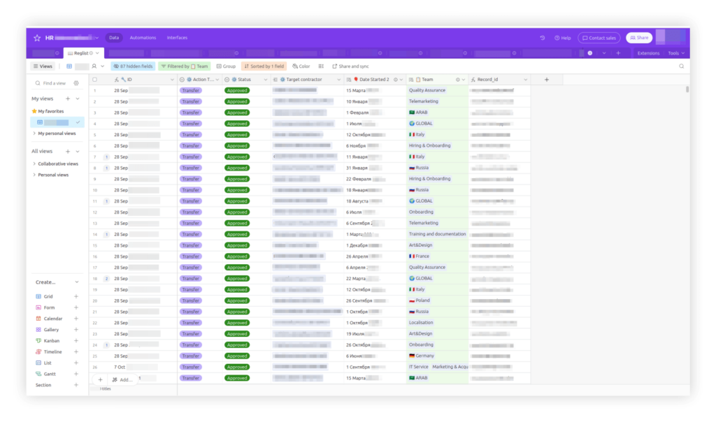 Скриншот интерфейса базы данных в Airtable.