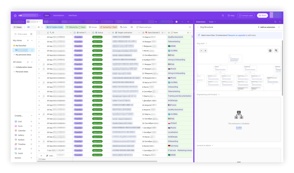 Интерфейс Airtable с визуализацией организационной структуры и элементов табличной базы данных на одной странице.