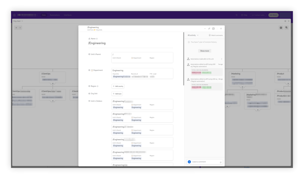 Скриншот интерфейса Airtable с визуализацией организационной структуры. Окно департамента.